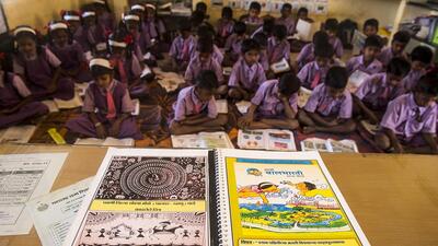 Mumbai, India - February 7, 2019: Translated textbooks in Warli for students at Zilla Parishad school,Khoricha Pada at Saphale near Mumbai, India, on Thursday, February 7, 2019. (Photo by Pramod Thakur/Hindustan Times) (Pramod Thakur/HT Photo) Mumbai, India - February 7, 2019: Translated textbooks in Warli for students at Zilla Parishad school,Khoricha Pada at Saphale near Mumbai, India, on Thursday, February 7, 2019. (Photo by Pramod Thakur/Hindustan Times) (Pramod Thakur/HT Photo)