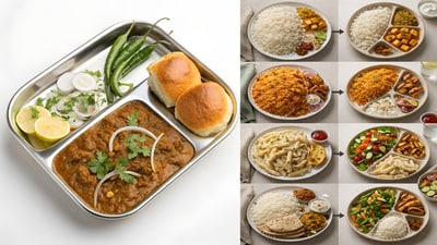 A section plate showing balanced portions of vegetables, rice, protein and dal, illustrating the simple visual method behind mindful eating. (AdobeStock) A section plate showing balanced portions of vegetables, rice, protein and dal, illustrating the simple visual method behind mindful eating. (AdobeStock)