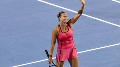 Aryna Sabalenka celebrates winning her match against Hailey Baptiste in the quarter finals of the women’s singles at the Miami Open at Hard Rock Stadium (IMAGN IMAGES via Reuters Connect)