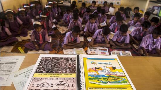 Mumbai, India - February 7, 2019: Translated textbooks in Warli for students at Zilla Parishad school,Khoricha Pada at Saphale near Mumbai, India, on Thursday, February 7, 2019. (Photo by Pramod Thakur/Hindustan Times) (Pramod Thakur/HT Photo)