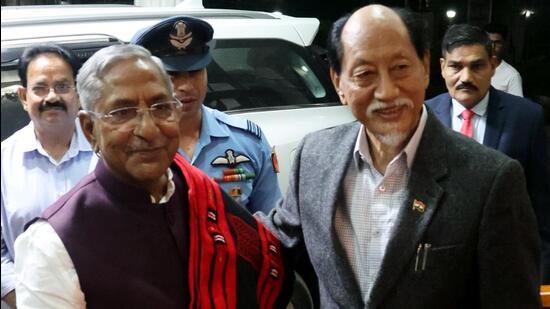 Nagaland chief minister Neiphiu Rio (right) with Governor Nand Kishore Yadav in Kohima. (X)