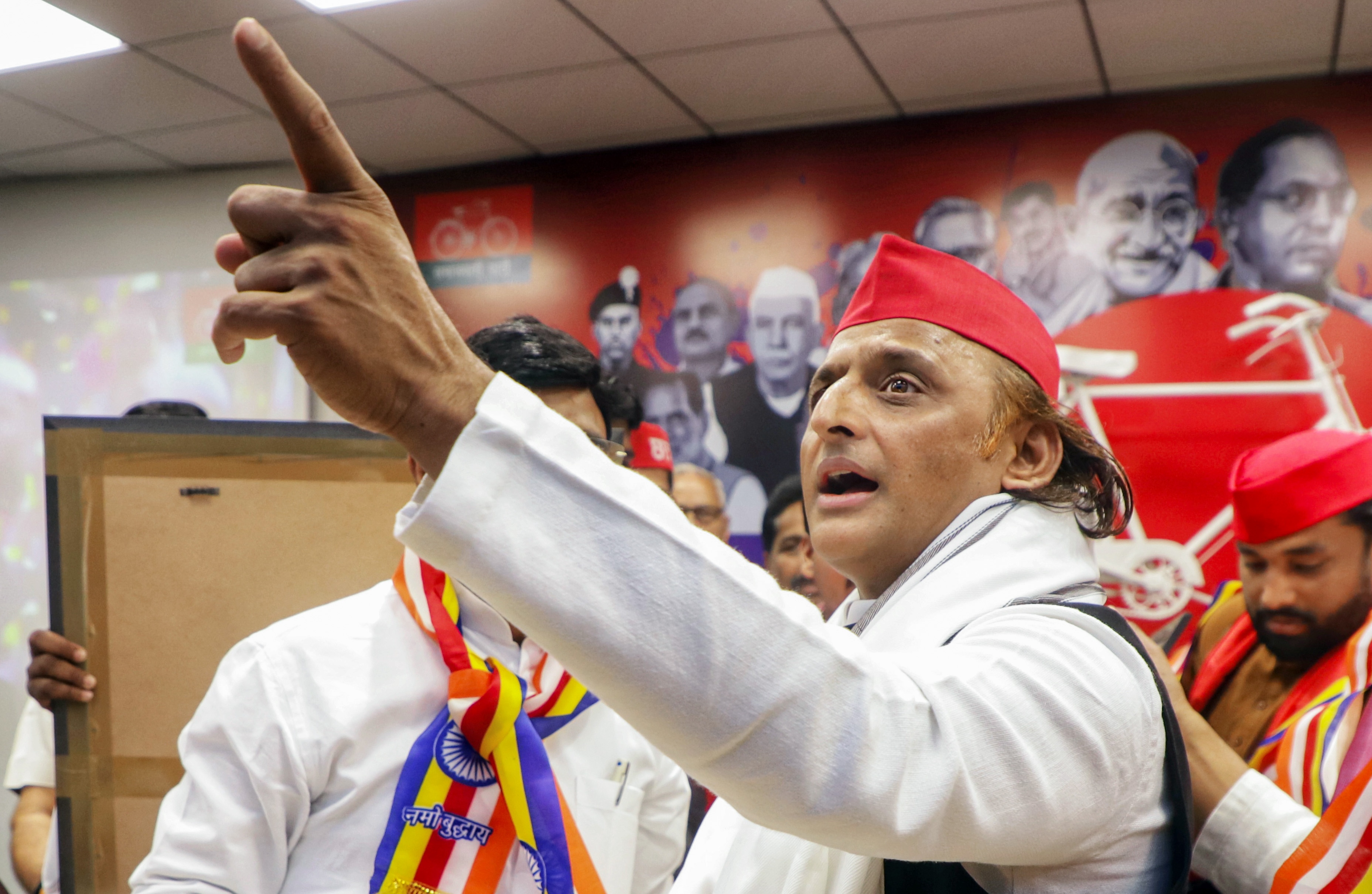 Samajwadi Party president and former CM Akhilesh Yadav at the party office in Lucknow on Thursday. (Naeem Ansari/ANI Photo) Samajwadi Party president and former CM Akhilesh Yadav at the party office in Lucknow on Thursday. (Naeem Ansari/ANI Photo)