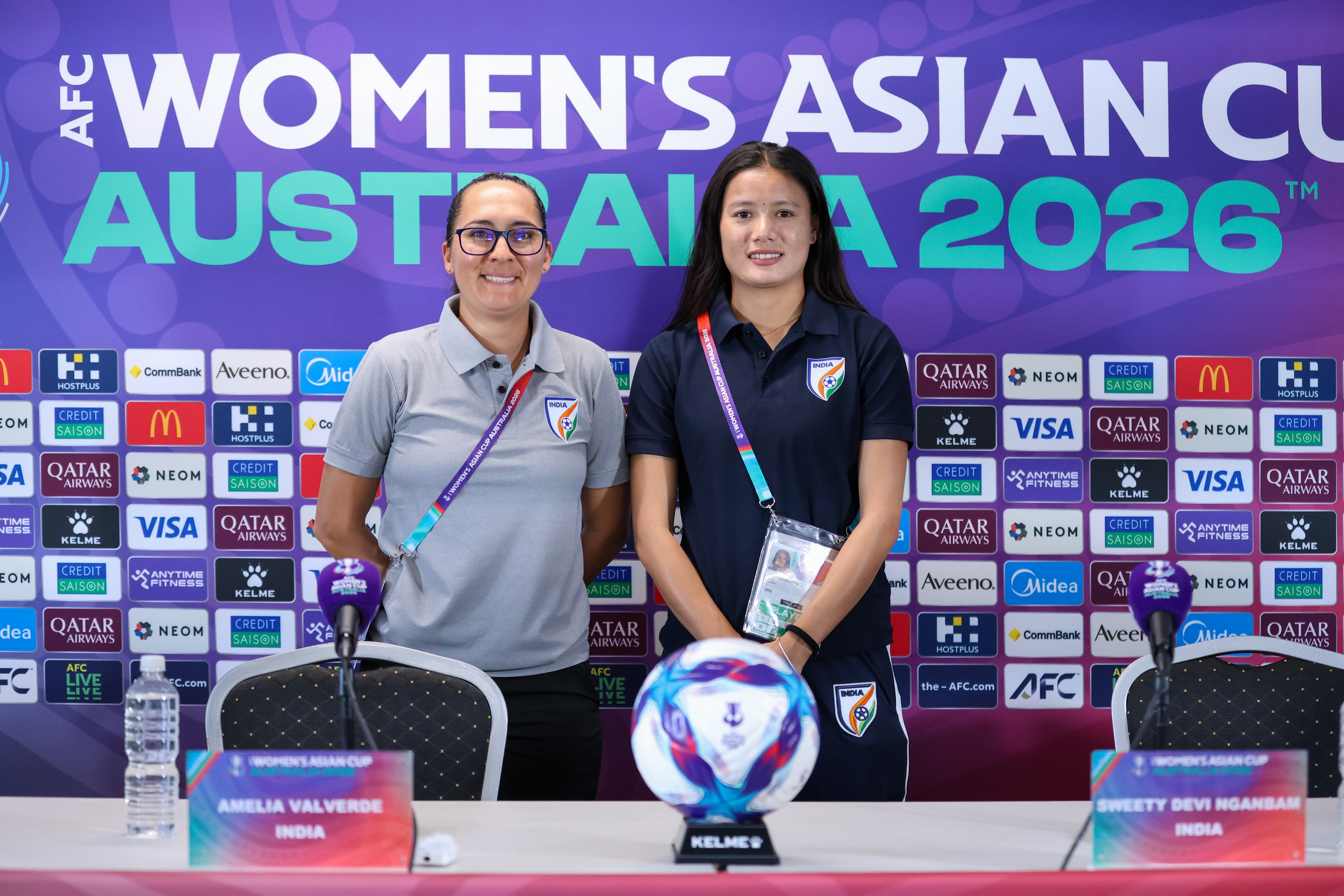 Former India head coach Amelia Valverde and captain Sweety Devi at the AFC Women's Asian Cup. (AIFF) Former India head coach Amelia Valverde and captain Sweety Devi at the AFC Women's Asian Cup. (AIFF)