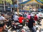 Vehicles in a long queue at a fuel pump amid the nationwide reports of fuel shortage, in Lucknow on Thursday.
