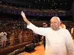 Bihar chief minister Nitish Kumar addresses his last Bihar yatra -- the Samriddhi Yatra -- in Patna on Thursday. (Santosh Kumar/HT)