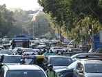 Heavy vehicular traffic seen at C-Hexagon at India Gate earlier this year. (Vipin Kumar/HT Photo)