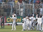 Indian team during a victory lap after beating Bangladesh in a Test at the Eden Gardens in Kolkata in 2019. (Samir Jana/HT Photo)