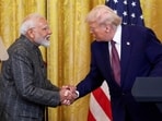 US President Donald Trump and Prime Minister Narendra Modi shake hands during a joint press conference at the White House in Washington, DC, US, on February 13, 2025.