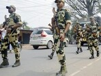 Personnel from the Central Armed Police Forces conduct a route march in the area of polling booths in West Bengal’s Nadia. (ANI) Personnel from the Central Armed Police Forces conduct a route march in the area of polling booths in West Bengal’s Nadia. (ANI)