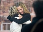 Savannah Guthrie hugs Dylan Dreyer during a visit to the Today show at Rockefeller Plaza in New York