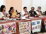 Trans community leaders and representatives address a press conference on the Trans Amendment Bill, 2026, in New Delhi, on Tuesday. (Sanchit Khanna/HT Photo)