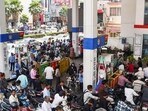 Vehicles at a petrol pump in Uttar Pradesh on Thursday. 