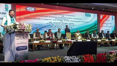 Haryana chief minister Nayab Singh Saini addressing a seminar organised by the Indian Roads Congress and the public works department in Chandigarh on Friday. (@NayabSainiBJP X) Haryana chief minister Nayab Singh Saini addressing a seminar organised by the Indian Roads Congress and the public works department in Chandigarh on Friday. (@NayabSainiBJP X)