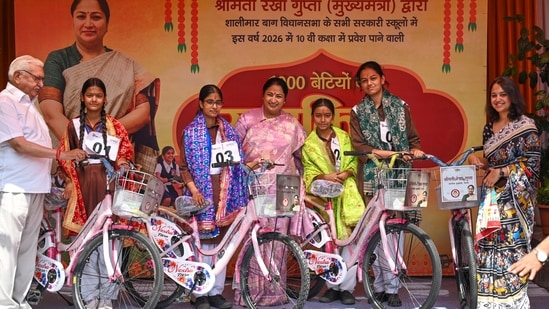 Chief Minister Rekha Gupta during an event at a government school in Pitampura in New Delhi on Thursday. (Hindustan Times)