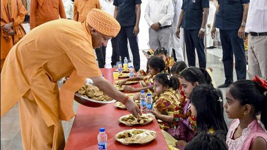 Chief minister Yogi Adityanath during the ‘Chaitra Navratri’ festival, at Gorakhnath temple in Gorakhpur on Friday. (PTI)