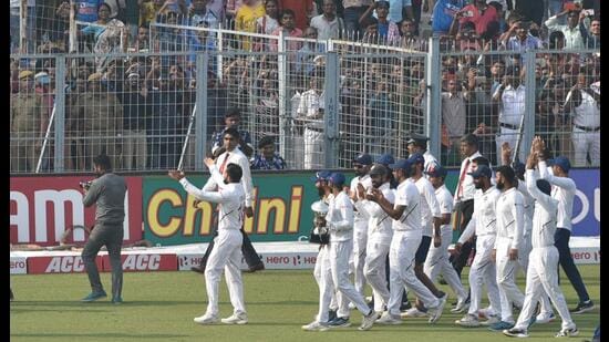 Indian team during a victory lap after beating Bangladesh in a Test at the Eden Gardens in Kolkata in 2019. (Samir Jana/HT Photo)