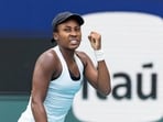 Coco Gauff of the United States reacts after a point against Karolina Muchova of the Czech Republic