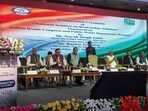 Haryana chief minister Nayab Singh Saini addressing a seminar organised by the Indian Roads Congress and the public works department in Chandigarh on Friday. (@NayabSainiBJP X)