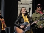 Maggie Rogers, Joan Baez and Tom Morello perform during a "No Kings" protest policies, in St. Paul, Minnesota, March 28, 2026. REUTERS/Tim Evans