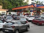 Vehicles at a petrol pump in the Vibhuti Khand area of Lucknow on Friday. (Mushtaq Ali/HT)