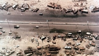 Aerial view of destroyed Iraqi vehicles beside Highway 80, west of Kuwait City. The ‘Highway of Death ‘ was bombed by coalition forces on February 27-28 1991 during Gulf War 1. (Shutterstock) Aerial view of destroyed Iraqi vehicles beside Highway 80, west of Kuwait City. The ‘Highway of Death ‘ was bombed by coalition forces on February 27-28 1991 during Gulf War 1. (Shutterstock)