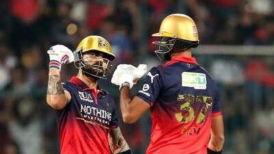 Virat Kohli and Devdutt Padikkal took over the chase after an early Phil Salt wicket, and it was fireworks from the off. The pair put up 101 runs in their stand, and only took 45 deliveries to do so – settling the chase soon after the powerplay. (ANI Photo) Virat Kohli and Devdutt Padikkal took over the chase after an early Phil Salt wicket, and it was fireworks from the off. The pair put up 101 runs in their stand, and only took 45 deliveries to do so – settling the chase soon after the powerplay. (ANI Photo)