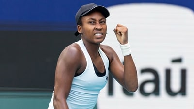 Coco Gauff of the United States reacts after a point against Karolina Muchova of the Czech Republic (IMAGN IMAGES via Reuters Connect)