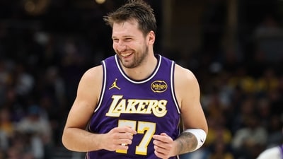 Luka Doncic #77 of the Los Angeles Lakers celebrates after a basket against the Indiana Pacers at Gainbridge Fieldhouse (Getty Images via AFP) Luka Doncic #77 of the Los Angeles Lakers celebrates after a basket against the Indiana Pacers at Gainbridge Fieldhouse (Getty Images via AFP)