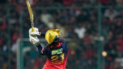 RCB skipper Rajat Patidar came in and played a blazing cameo of 31(12) with three sixes, making quick work of the remainder of the chase after Padikkal's wicket. (PTI) RCB skipper Rajat Patidar came in and played a blazing cameo of 31(12) with three sixes, making quick work of the remainder of the chase after Padikkal's wicket. (PTI)