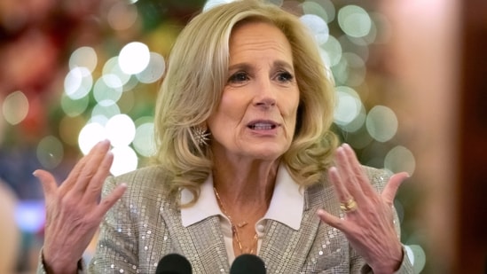 First lady Jill Biden speaks as she hosts a Toys for Tots event with Marine Corps families in the East Room at the White House in Washington, Friday, Dec. 13, 2024. (AP Photo/Mark Schiefelbein) (AP)