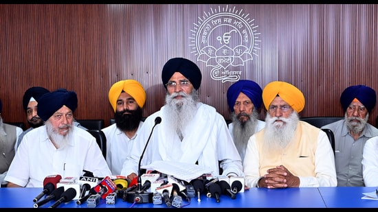 SGPC president Harjinder Singh Dhami addresses a press conference after budget session at Teja Singh Samundri Hall inside Golden Temple complex, in Amritsar on Saturday. (Sameer Sehgal/HT)
