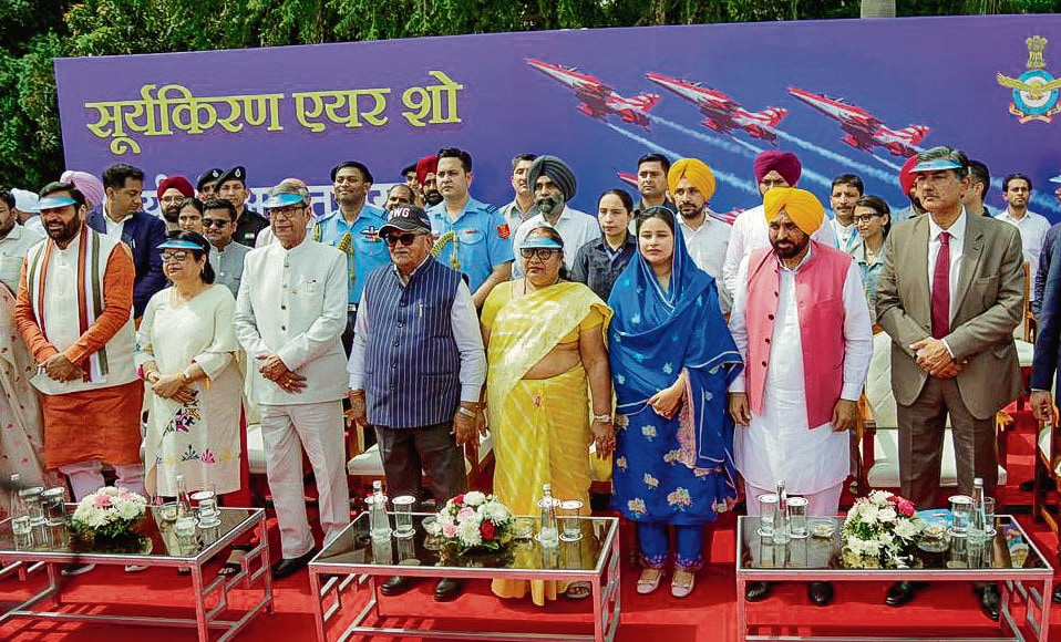 The Punjab and Haryana governors and chief ministers attending the air show at Sukhna Lake in Chandigarh on Saturday. (ANI) The Punjab and Haryana governors and chief ministers attending the air show at Sukhna Lake in Chandigarh on Saturday. (ANI)