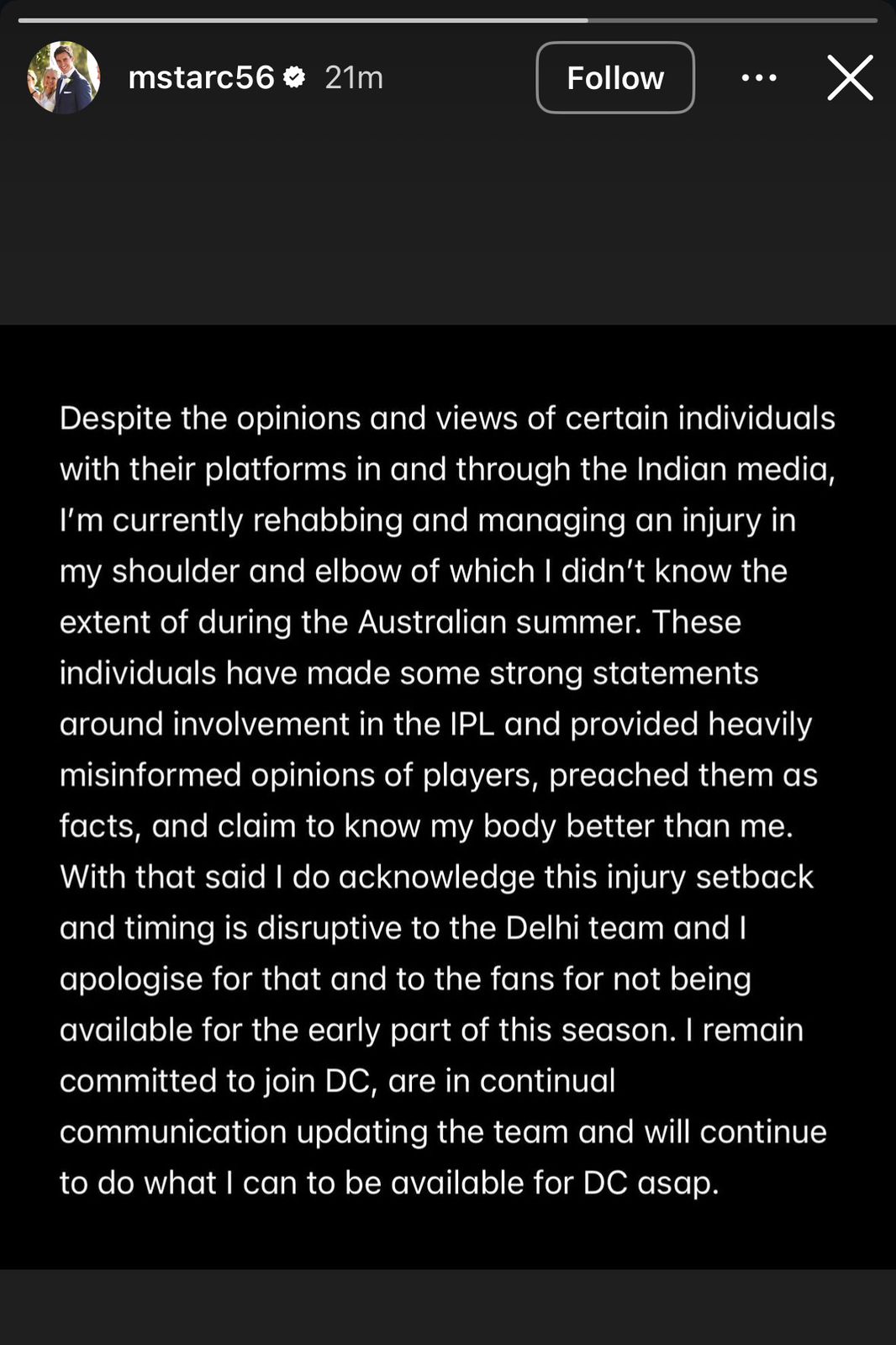 Mitchell Starc reveals he is recovering from a shoulder injury. (Instagram/ Mitchell Starc) Mitchell Starc reveals he is recovering from a shoulder injury. (Instagram/ Mitchell Starc)