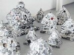 A striking body of work from Subodh Gupta’s exhibition, to open at the NMACC next week, is a series titled ‘Nine stupa’, inspired by Buddhist architecture but made from used and discarded aluminium utensils collected from scrap markets in Delhi.