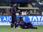 Kolkata Knight Riders' Ajinkya Rahane reacts after sustaining an injury