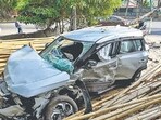 Mangled remains of Porsche that crashed into a Brezza near GD Goenka School, Pitampura, on Sunday. (Sanjeev Verma/HT Photo)