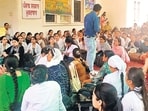 Members of nursing union protesting in Patiala on Sunday. (HT PHOTO)