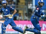 Mumbai Indians openers Rohit Sharma (L) and Ryan Rickelton during their 148-run partnership in the six-wicket win over Kolkata Knight Riders in IPL 2026 at the Wankhede Stadium, Mumbai on Sunday. (AFP)