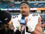 Myles Garrett #95 of the Cleveland Browns is interviewed after the game against the Cincinnati Bengals at Paycor Stadium Myles Garrett #95 of the Cleveland Browns is interviewed after the game against the Cincinnati Bengals at Paycor Stadium