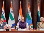 Union ministers Rajnath Singh, Nirmala Sitharaman and JP Nadda during a meeting in New Delhi on Saturday.