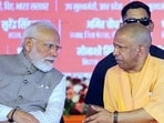Prime Minister Narendra Modi and chief minister Yogi Adityanath at the inauguration of the Noida International Airport in Jewar. (ANI PHOTO)
