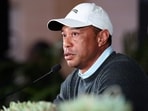 Tiger Woods speaks to the media during a press conference at Riviera Country Club
