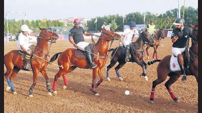 A polo match in progress between Remount Veterinary Corps and Indian Army’s Artillery team on Day 1 of Maharaja Ranjit Singh Polo Cup 2026 at Chandigarh Polo Club on Sunday. (HT Photo)