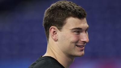 Fernando Mendoza looks on during the 2026 NFL Scouting Combine at Lucas Oil Stadium (Getty Images via AFP) Fernando Mendoza looks on during the 2026 NFL Scouting Combine at Lucas Oil Stadium (Getty Images via AFP)