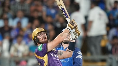 Finn Allen was chosen to open the batting, and delivered some early fireworks in the powerplay for KKR after MI opted to bat first. In 17 balls, he hammered seven fours and two sixes to score a rapid 37. (AP) Finn Allen was chosen to open the batting, and delivered some early fireworks in the powerplay for KKR after MI opted to bat first. In 17 balls, he hammered seven fours and two sixes to score a rapid 37. (AP)