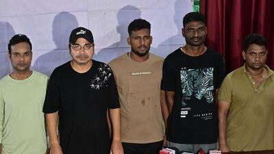 Mumbai, India - March 29, 2026: (L to R) Masood Alam, 28,Vijay Kumar , 42, Venkatesh Nandiki, 25, Venkatarao Jammu,35, Ketan Mehta, 30,Captain(2nd L) and Crew of Valiant Row returned today morning from Iran after being stranded there since there ship was taken in custody by Iranian Navy on 8th Dec addressing to media during the press conference in Mumbai, India, on Sunday, March 29, 2026. (Photo by Anshuman Poyrekar/Hindustan Times) (Anshuman Poyrekar/HT Photo) Mumbai, India - March 29, 2026: (L to R) Masood Alam, 28,Vijay Kumar , 42, Venkatesh Nandiki, 25, Venkatarao Jammu,35, Ketan Mehta, 30,Captain(2nd L) and Crew of Valiant Row returned today morning from Iran after being stranded there since there ship was taken in custody by Iranian Navy on 8th Dec addressing to media during the press conference in Mumbai, India, on Sunday, March 29, 2026. (Photo by Anshuman Poyrekar/Hindustan Times) (Anshuman Poyrekar/HT Photo)