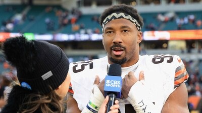 Myles Garrett #95 of the Cleveland Browns is interviewed after the game against the Cincinnati Bengals at Paycor Stadium (Getty Images via AFP)