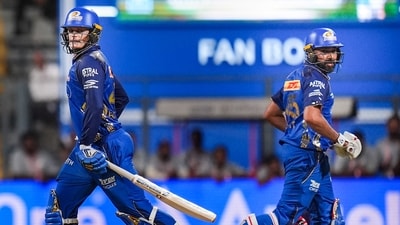 Rohit Sharma and Ryan Rickelton run between the wickets during the match vs KKR. (PTI) Rohit Sharma and Ryan Rickelton run between the wickets during the match vs KKR. (PTI)