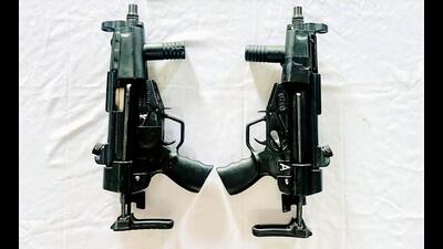Punjab Police recovered two 9mm sub-machine guns and an empty magazine in Amritsar, linking the arms shipment to fugitive gangster Gurpreet Singh alias Goldy Dhillon, in Amritsar on Sunday. (DGP Punjab Police)