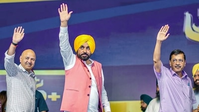 Punjab chief minister Bhagwant Mann with AAP national convener Arvind Kejriwal and party leader Manish Sisodia at the inaugural event at Fatehgarh Sahib on Saturday. (X/ @msisodia) Punjab chief minister Bhagwant Mann with AAP national convener Arvind Kejriwal and party leader Manish Sisodia at the inaugural event at Fatehgarh Sahib on Saturday. (X/ @msisodia)